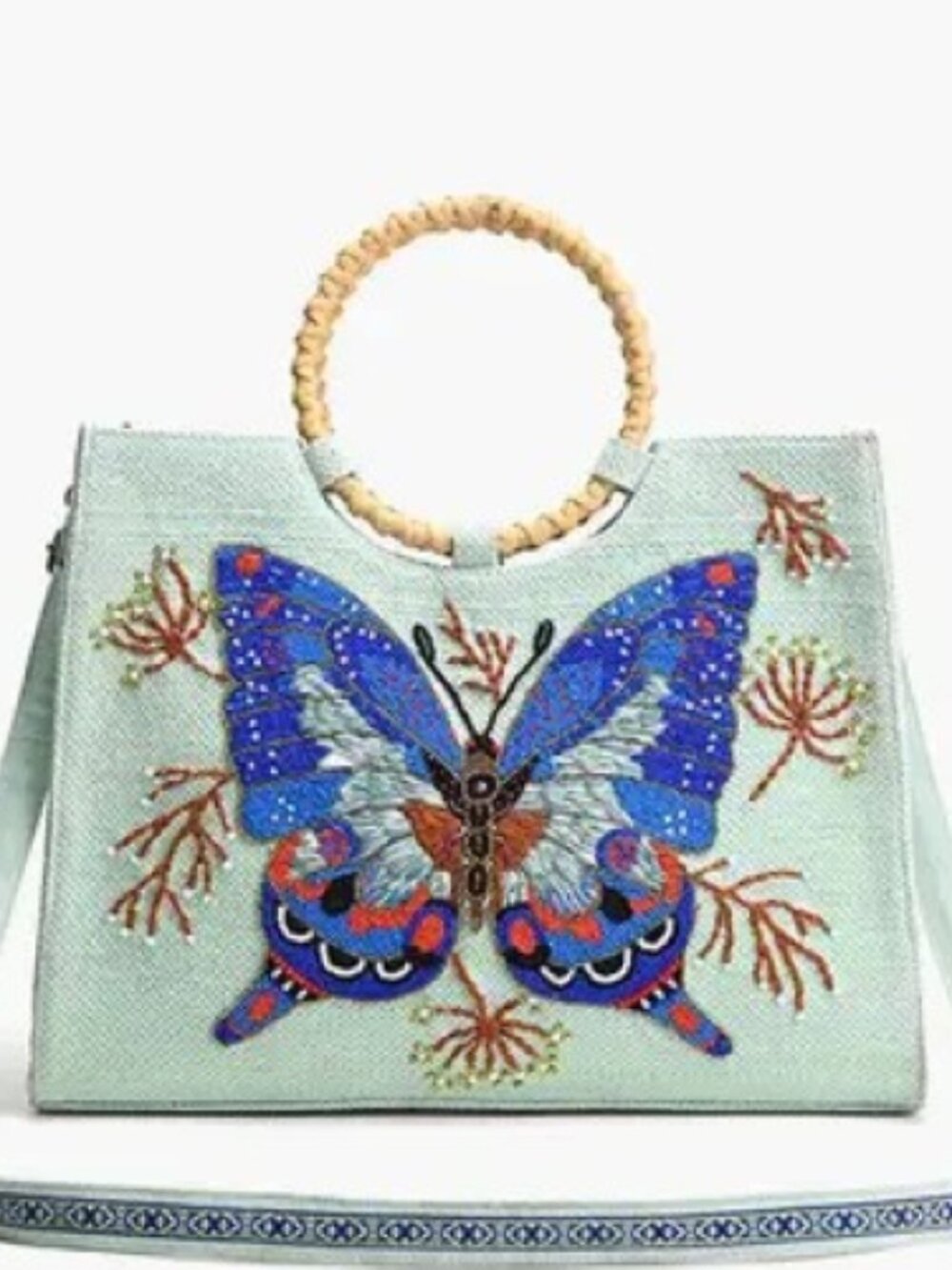 Embroidered Butterfly Mint Tote Bag with Bamboo Handles - Picture 3 of 5